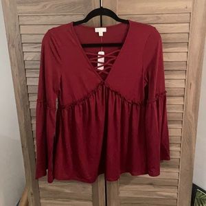 Charming Charlie Red Bell Sleeve Lace Up shirt